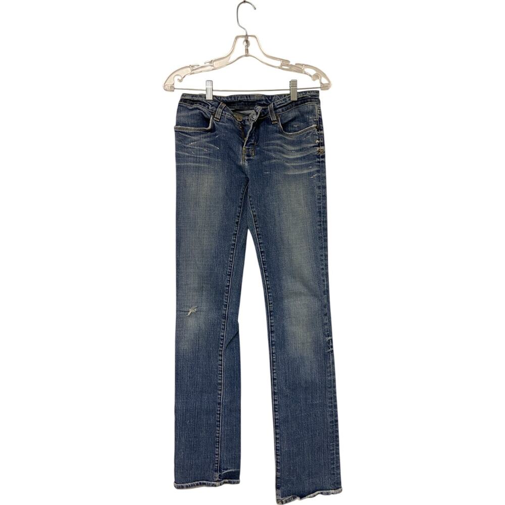 Bebe Denim Lightly Distressed Jeans Womens Size 30 Blue Straight Leg Medium Wash